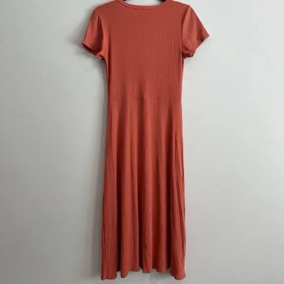 See You Monday Ribbed Short Sleeve Midi Dress Women's Large Orange Side Slit - Picture 5 of 6